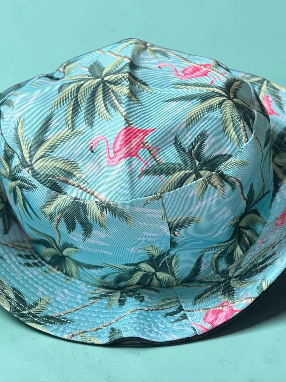 Tropical Flamingo Print Bucket Hat - Aqua Pink with a Reversible feature